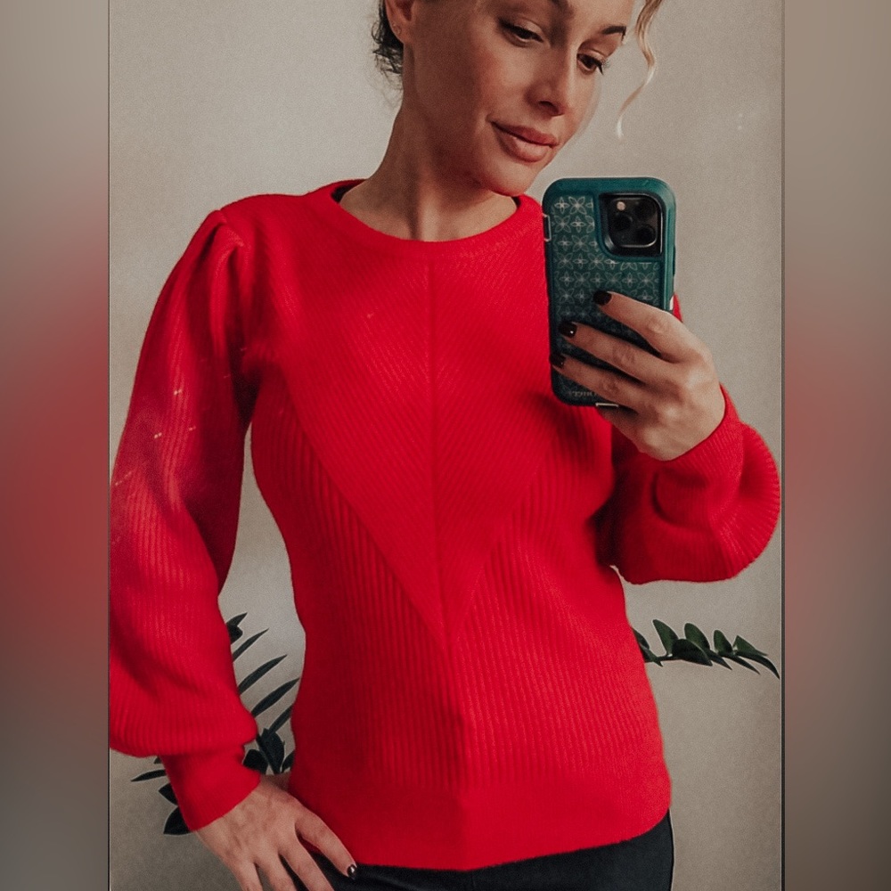 Just In// Bubble Over Ribbed Knit Sweater -Red